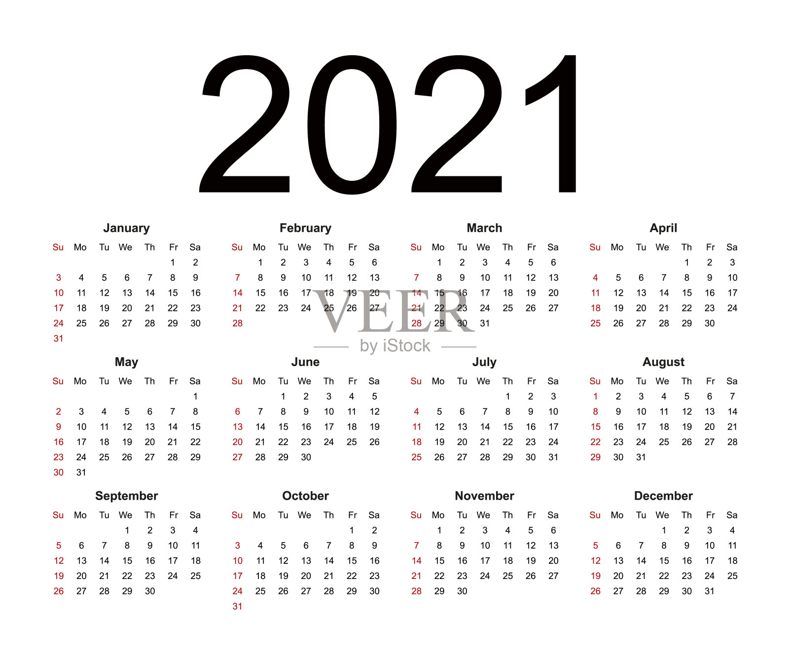 2021年日历。周从周日开始，业务模板。设计模板素材