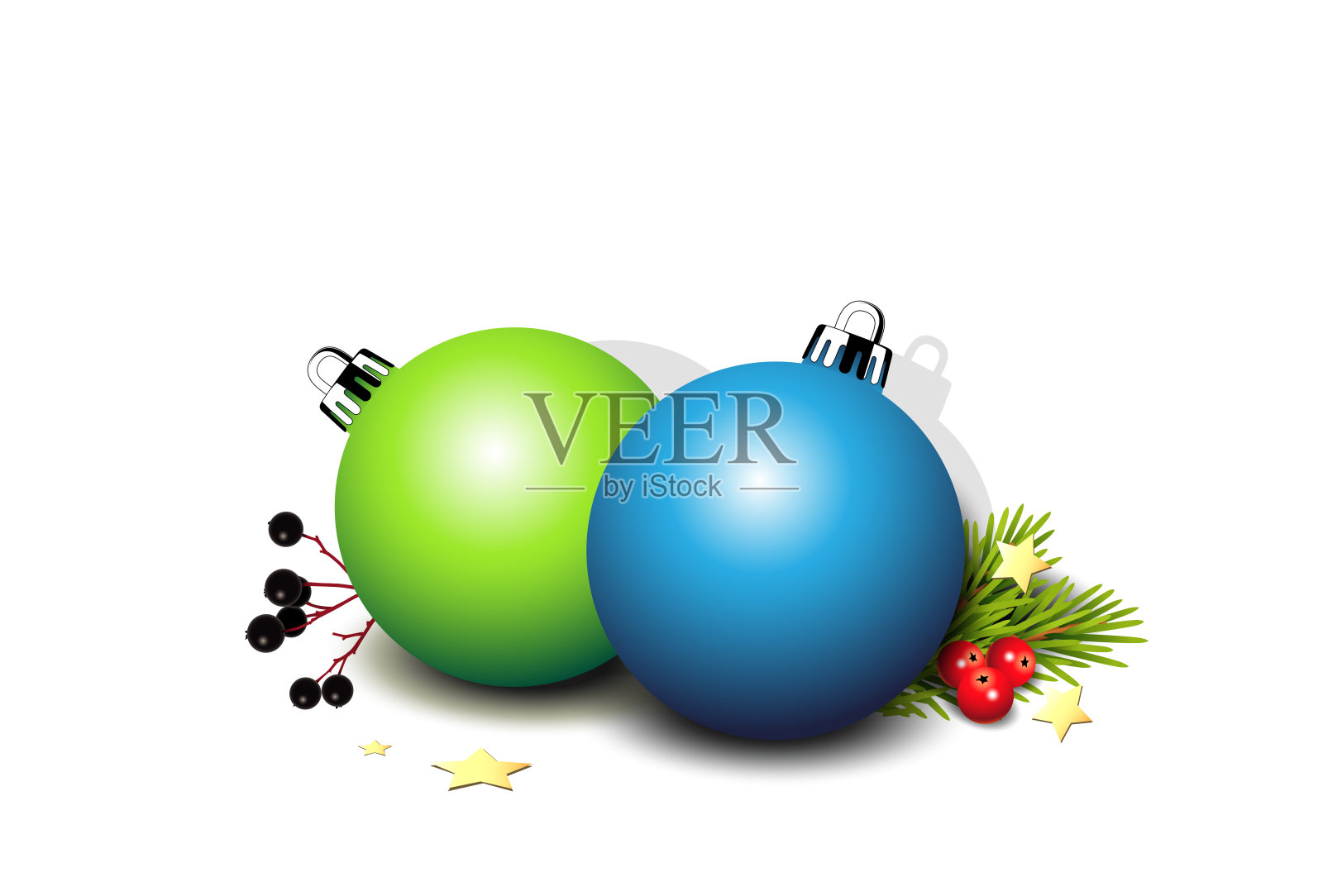 圣诞球横幅装饰，装饰用绿色和蓝色的冷杉树，球，冷杉树枝，冬青浆果和金色的星星，矢量插图孤立在白色的背景设计元素图片
