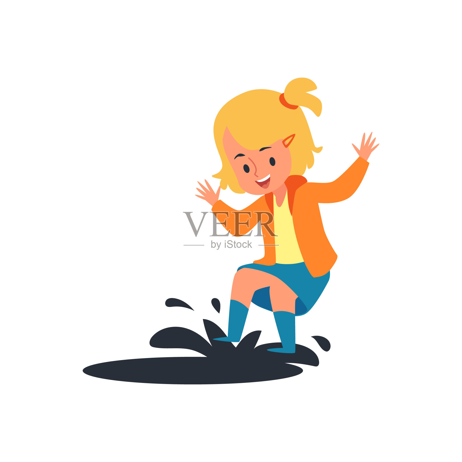 快乐的孩子在雨坑上跳，小金发女孩玩溅泥水插画图片素材