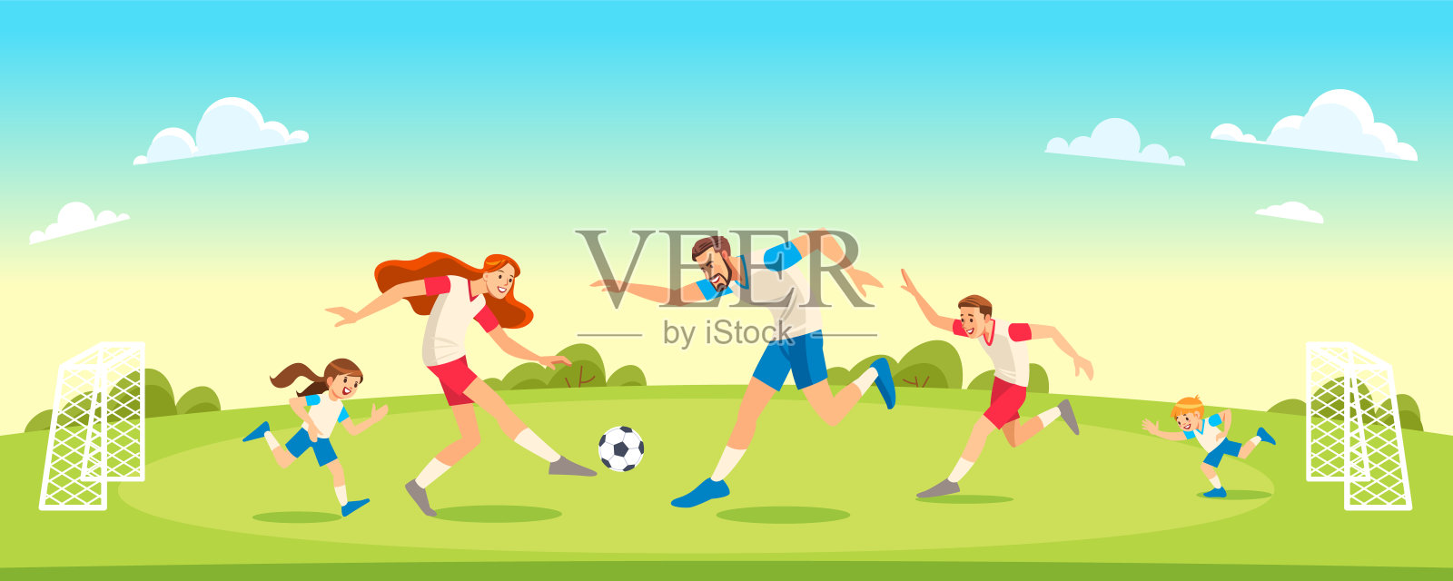 一家人一起在公园里踢足球。概念生育养育孩子。矢量插图。插画图片素材
