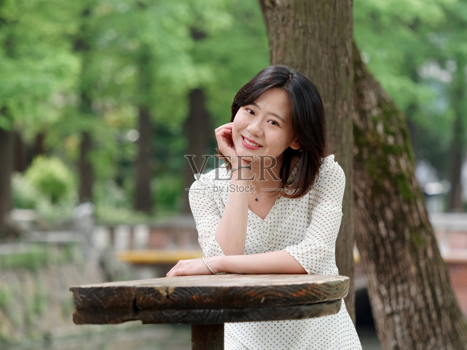 肖像优雅的中国女孩在白色和绿色的衣服坐在手在脸上和微笑在镜头在公园，户外时尚肖像魅力年轻开朗时尚的女人。照片摄影图片