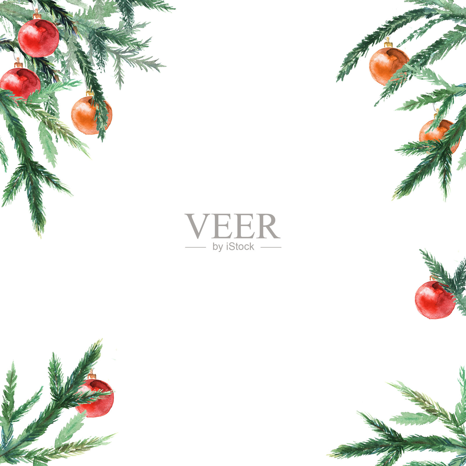 冷杉树枝上镶嵌着圣诞球。圣诞贺年卡，空白空白。水彩。插画图片素材