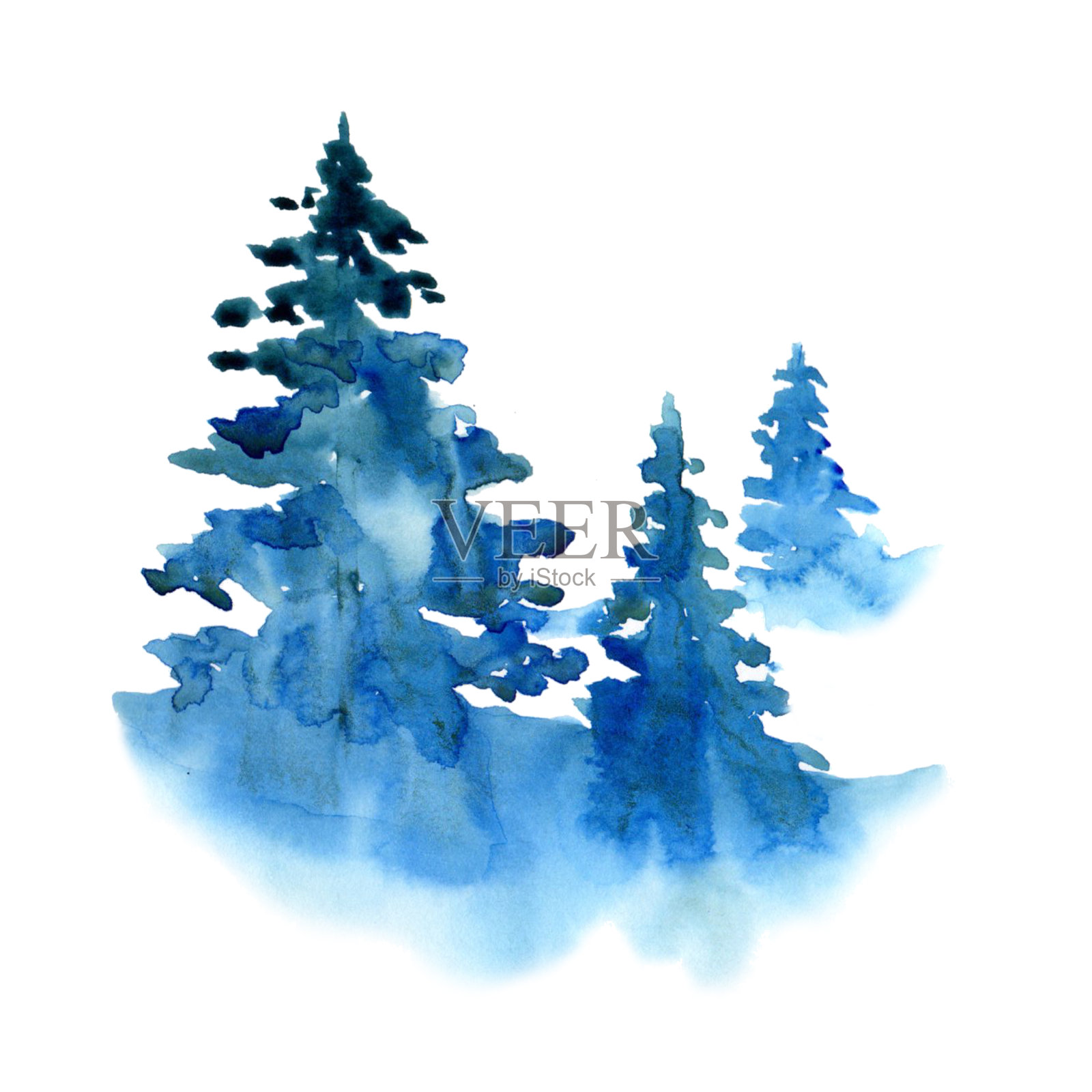 水彩冬天雪森林孤立在白色的背景。树木逃避与松树和冷杉插图景观印刷，纹理，壁纸，贺卡。蓝色和绿色美丽的水彩画插画图片素材
