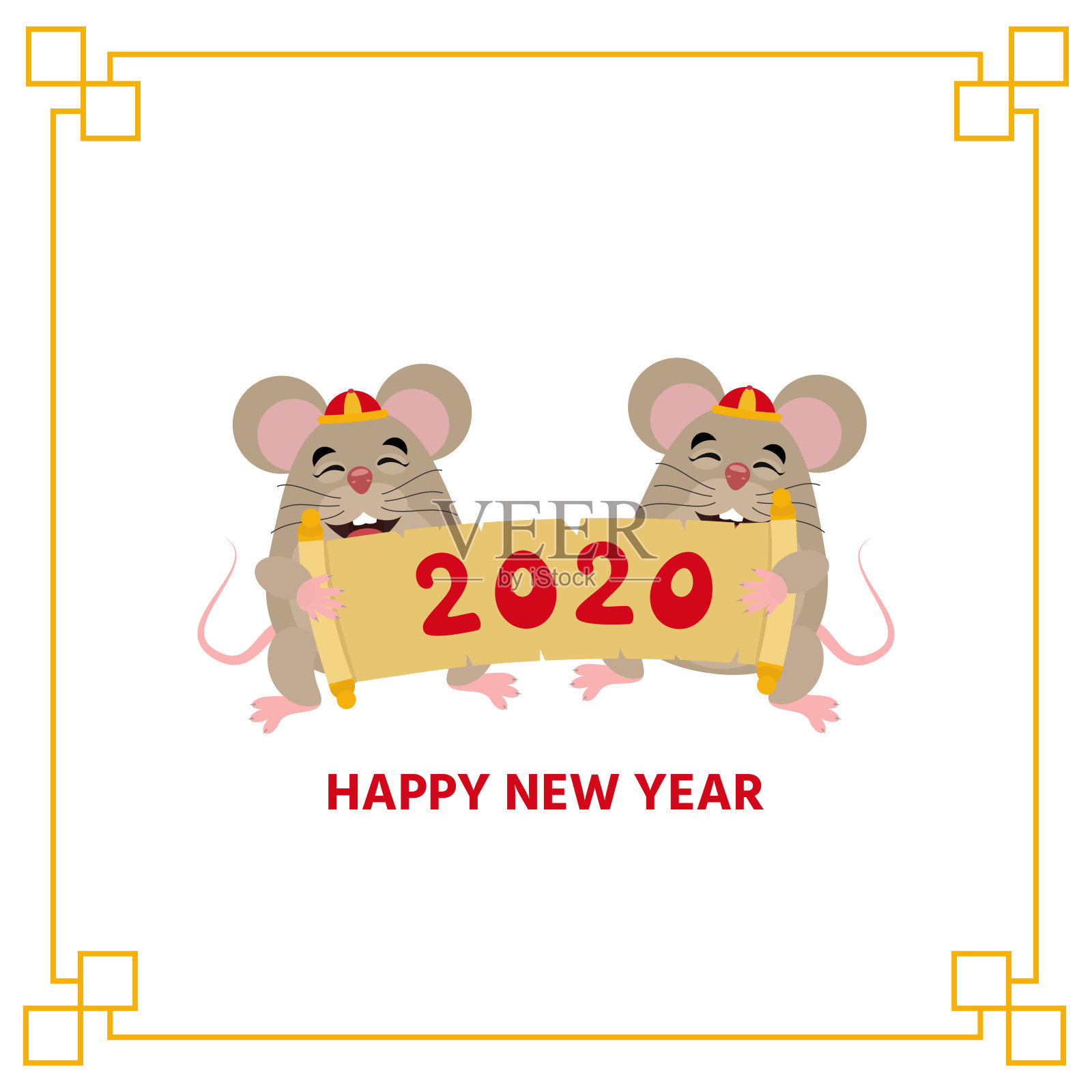 卡通可爱的小老鼠与传统的中国服装。鼠是中国2020年新年的象征。插画图片素材