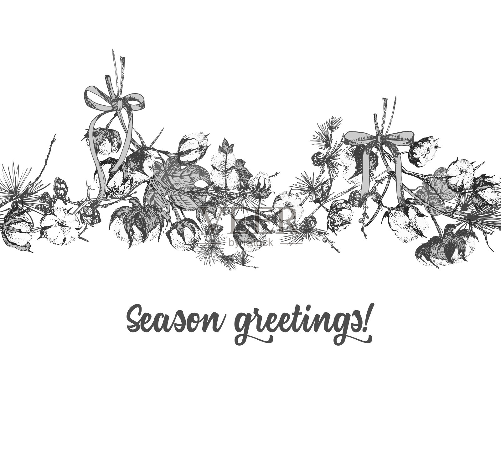 手绘植物素描花环与圣诞植物复古雕刻黑白风格插图无缝水平假日模式插画图片素材