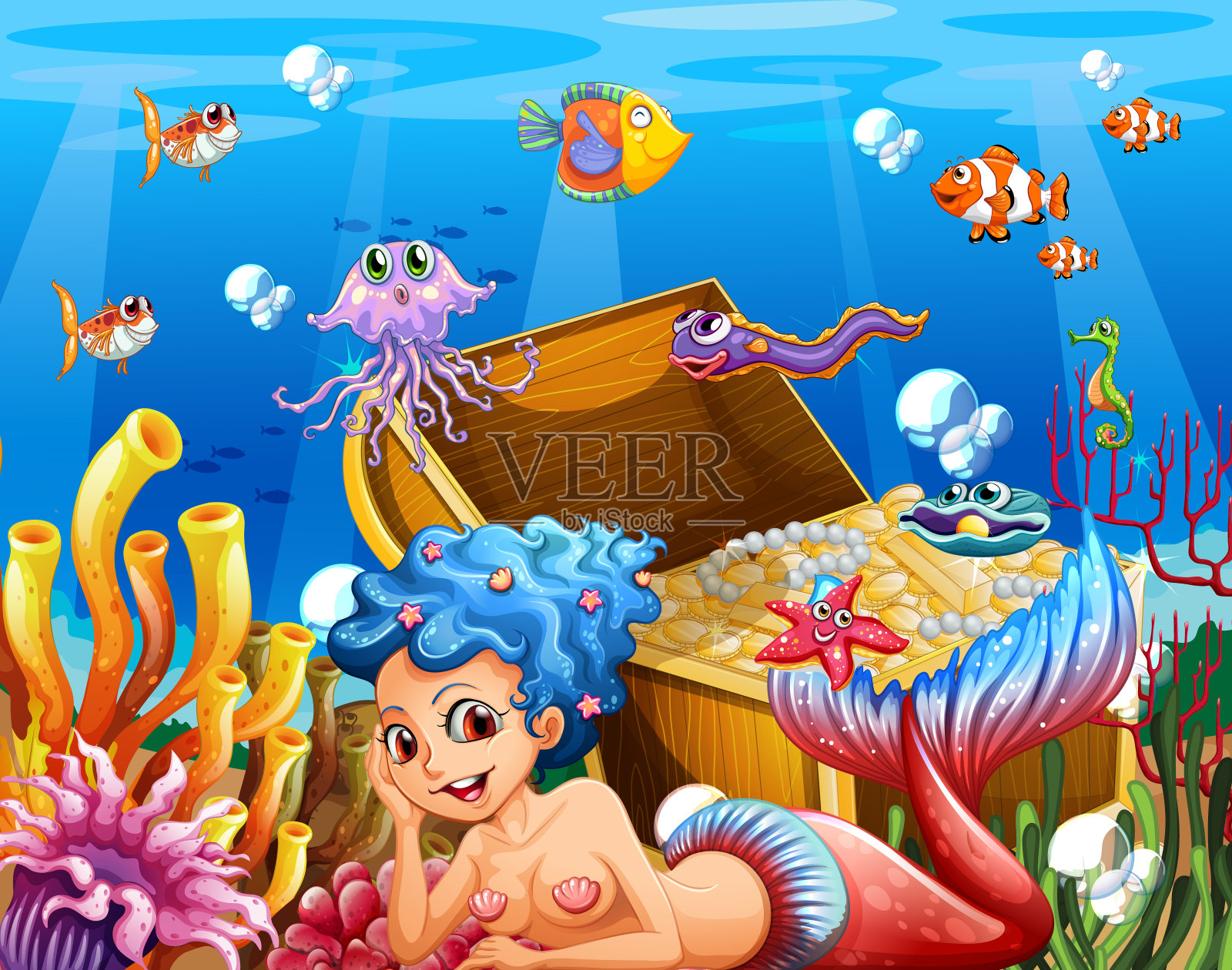 水下美景与美丽的美人鱼插画图片素材