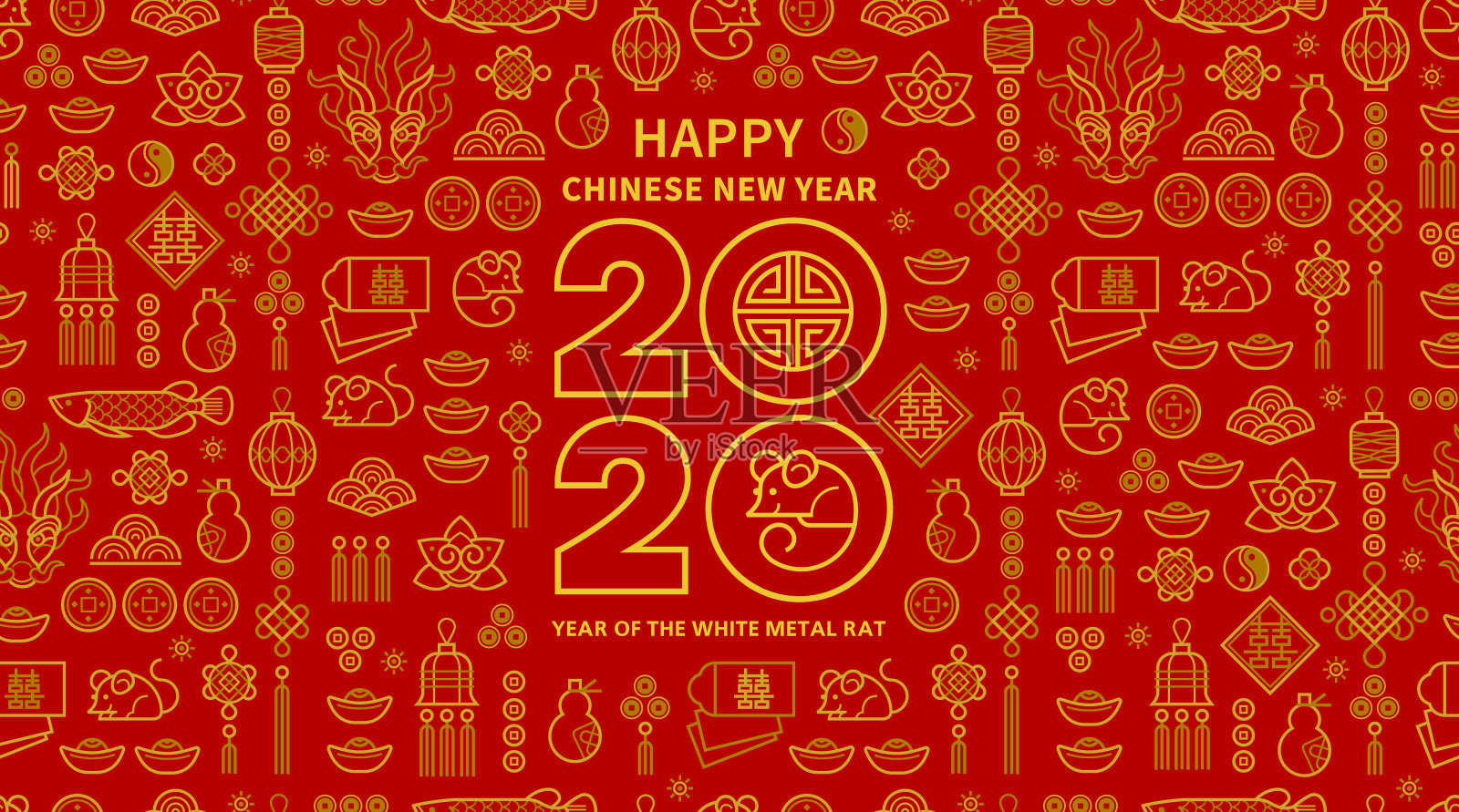 卡片上印有中国农历2020年的白色金属老鼠图案。插画图片素材