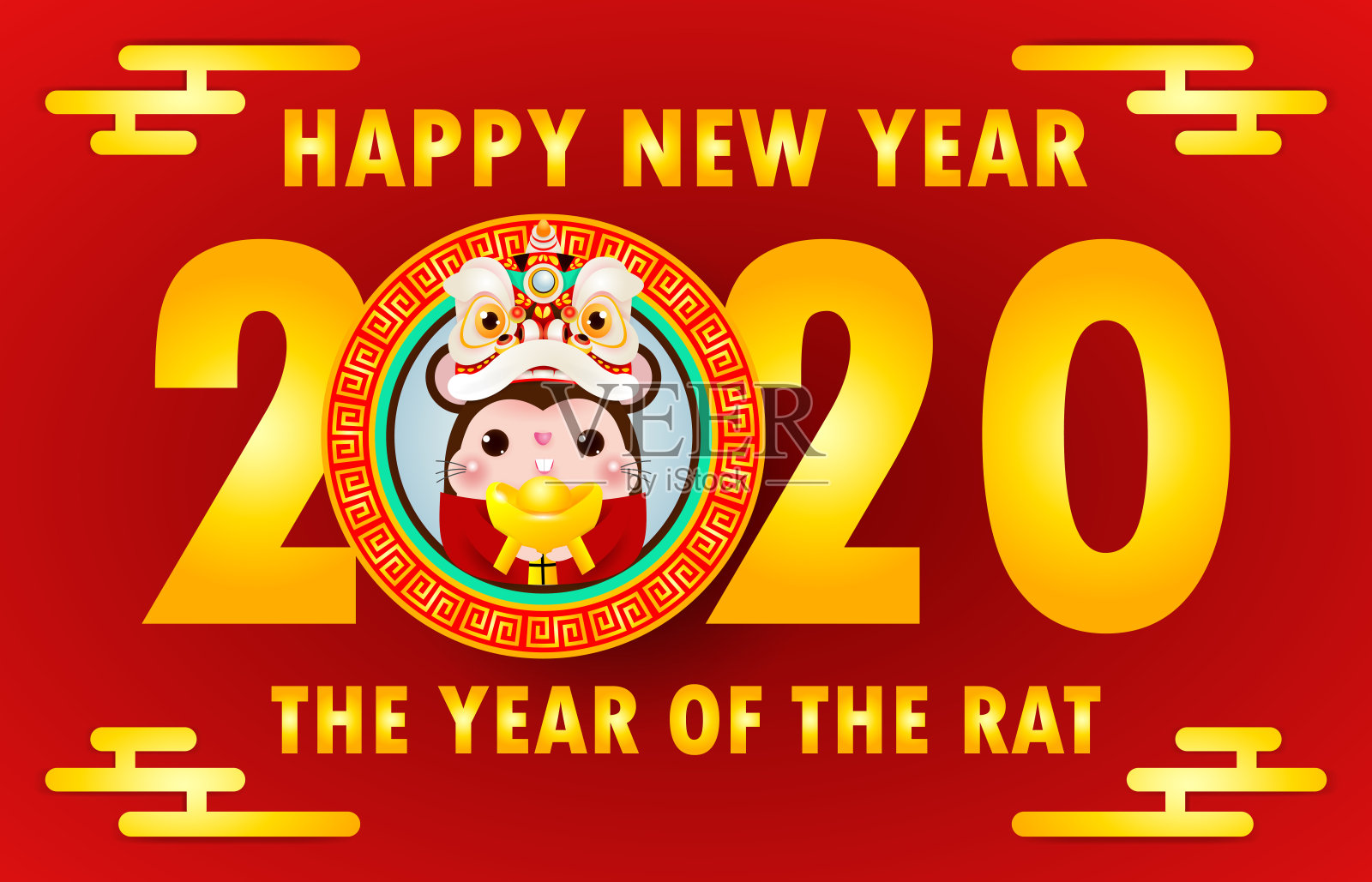 祝你2020年春节快乐。小鼠捧中国金，纸艺术风格，鼠年生肖卡通孤立矢量插图，翻译:新年问候。设计模板素材