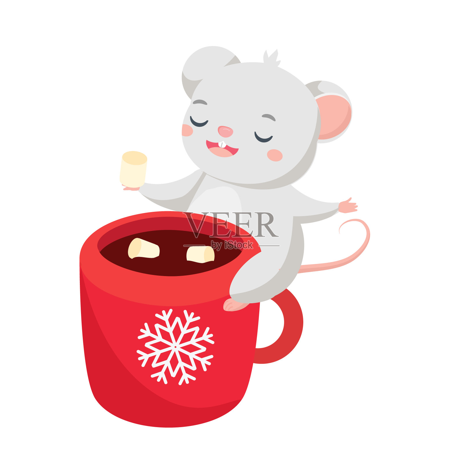 卡通鼠标。可爱的老鼠坐在热可可和棉花糖的杯子上插画图片素材