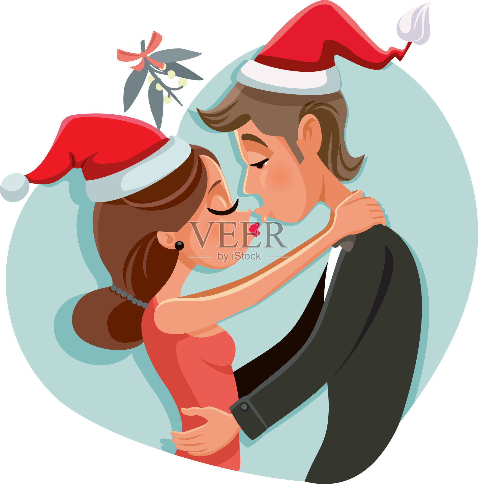 情侣在圣诞槲寄生下接吻矢量插图设计元素图片