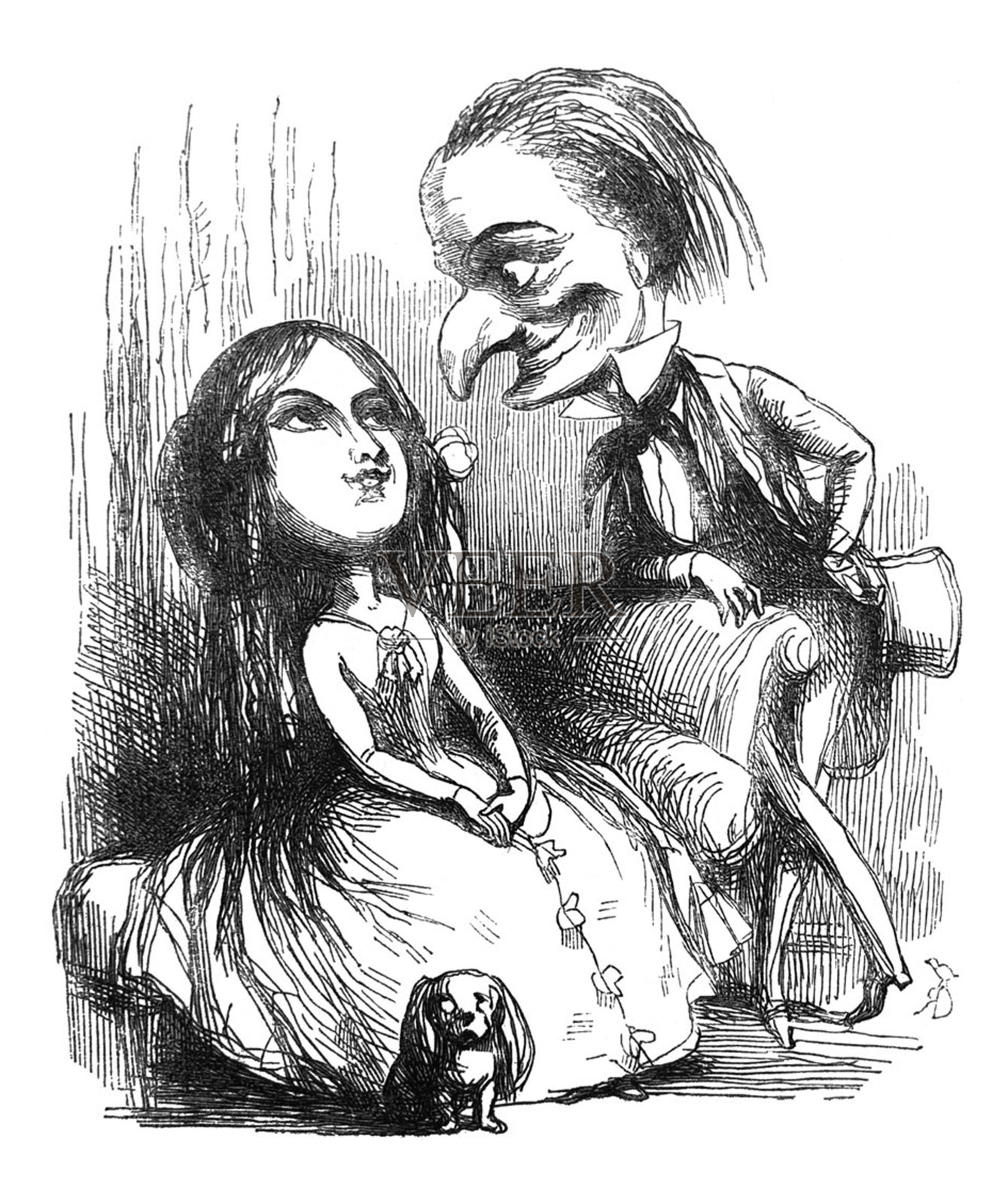 英国讽刺漫画漫画插图，一个非常大的鼻子和头靠在一个女人坐在椅子上插画图片素材