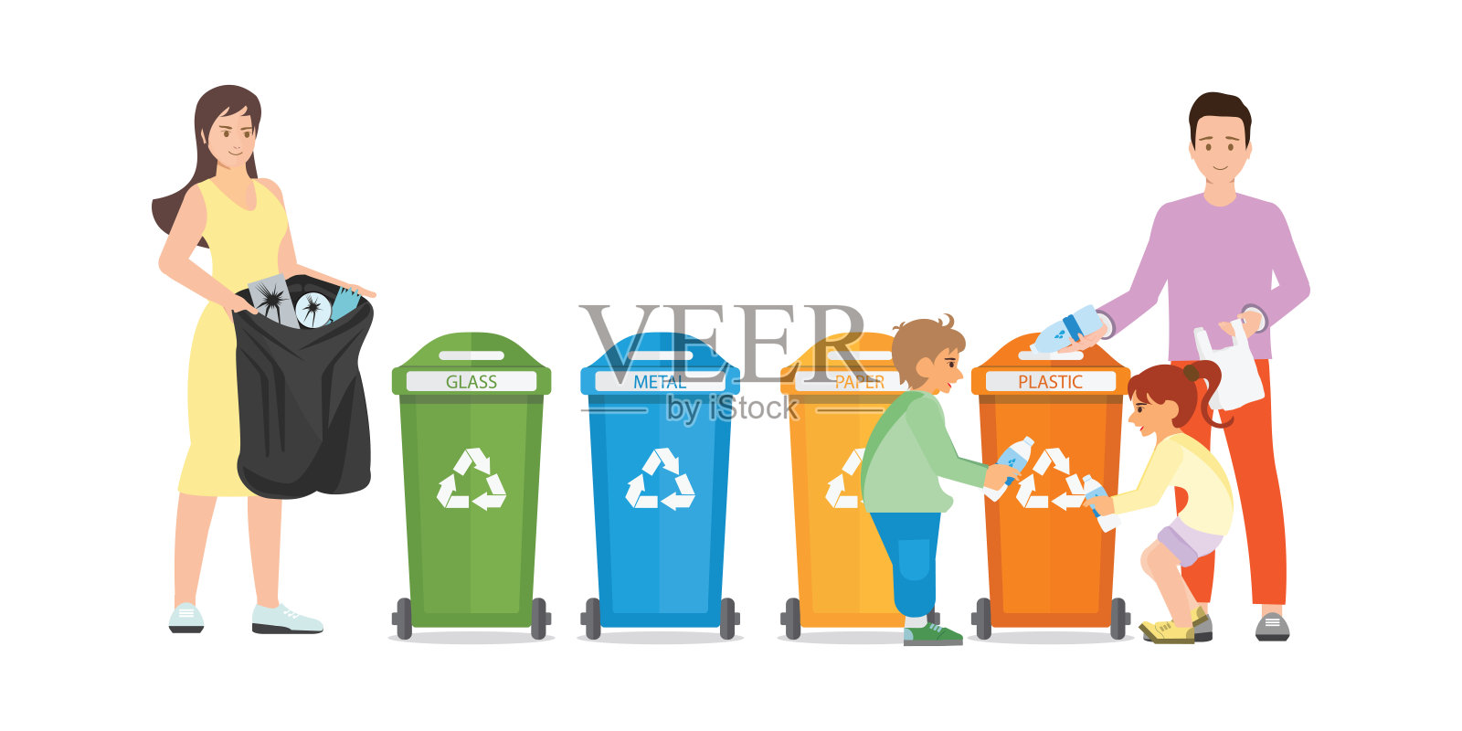 家庭垃圾分类到垃圾收集器上隔离在白色背景。设计元素图片