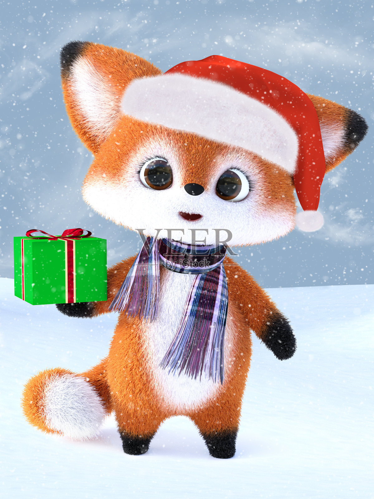 一个可爱的卡通狐狸戴着圣诞帽的3D渲染。插画图片素材