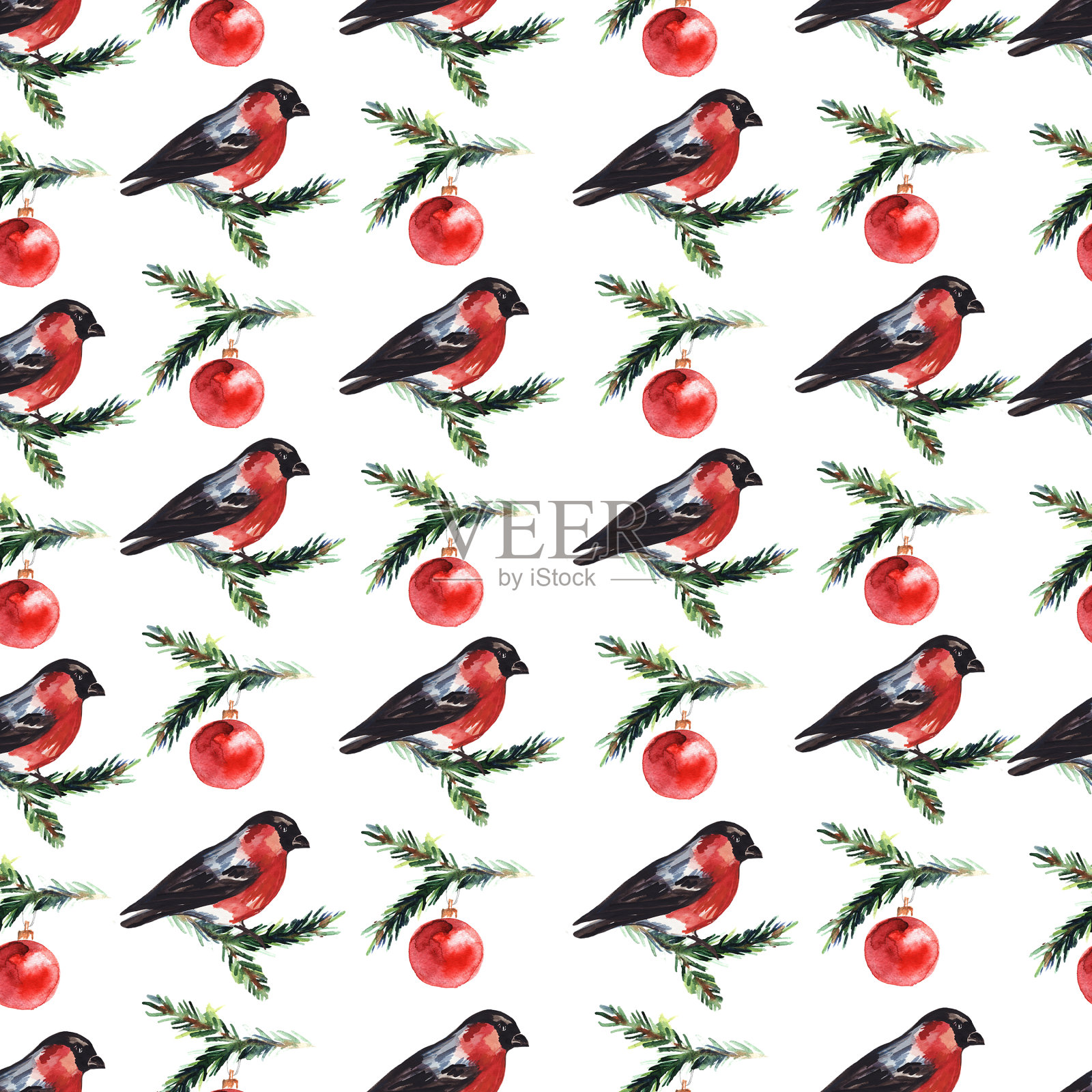 水彩无缝模式红腹灰雀和圣诞球。用于纺织、包装纸、贺卡、背景。插画图片素材