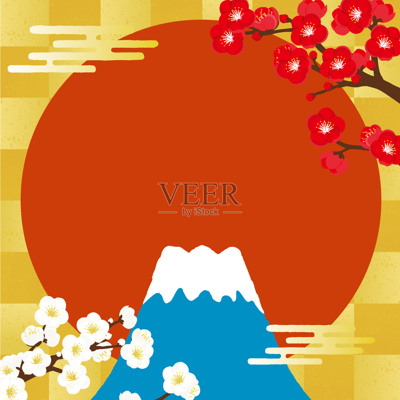 富士山和梅花新年背景。插画图片素材