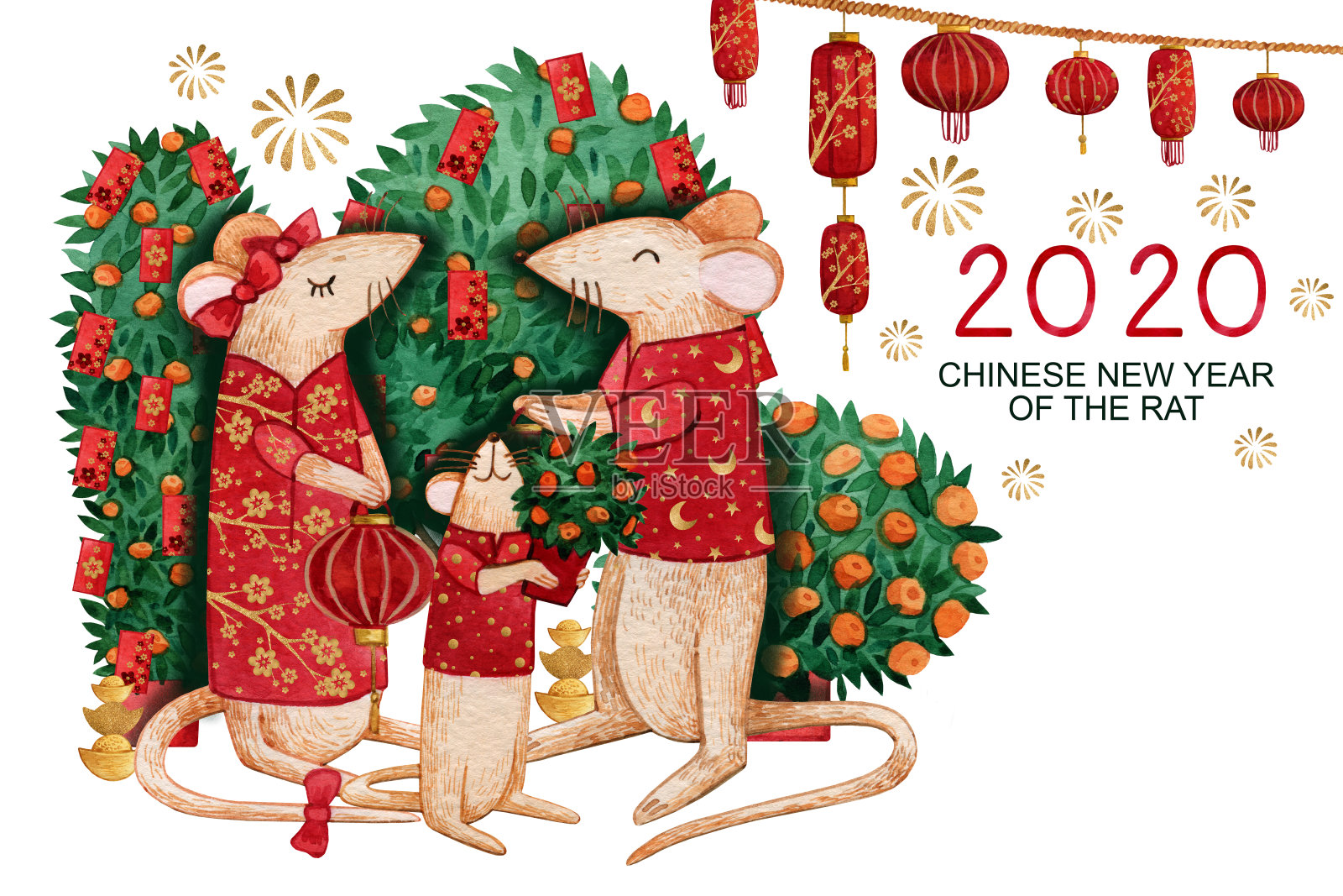 水彩画的2020年中国新年卡片上有一对老鼠和他们的孩子。手绘老鼠穿着红色服装，手里拿着灯笼。那是橘树，背景是红色的信封插画图片素材