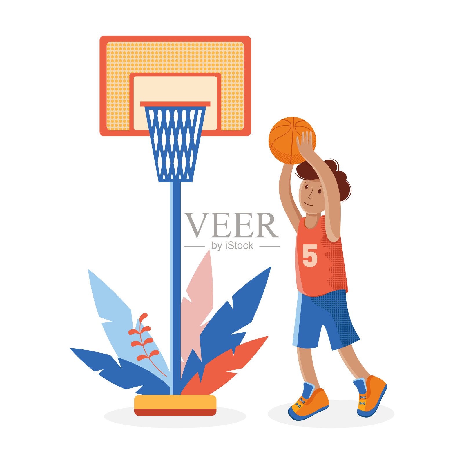 一个男孩把篮球投进篮球篮子里。一个小孩在玩球。彩色卡通插图在平面矢量。孩子的运动。体育团队游戏。健康的生活方式。插画图片素材