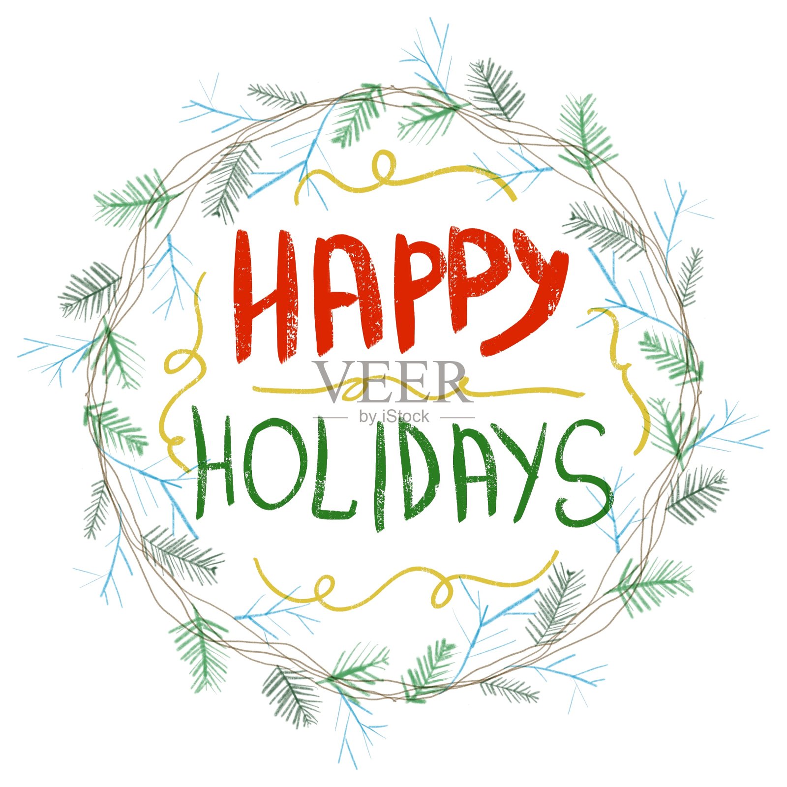 圣诞树花环用绿色和蓝色水彩画的树枝为圣诞节，与快乐的节日字母红色和绿色的颜色，剪贴在白色的背景插画图片素材