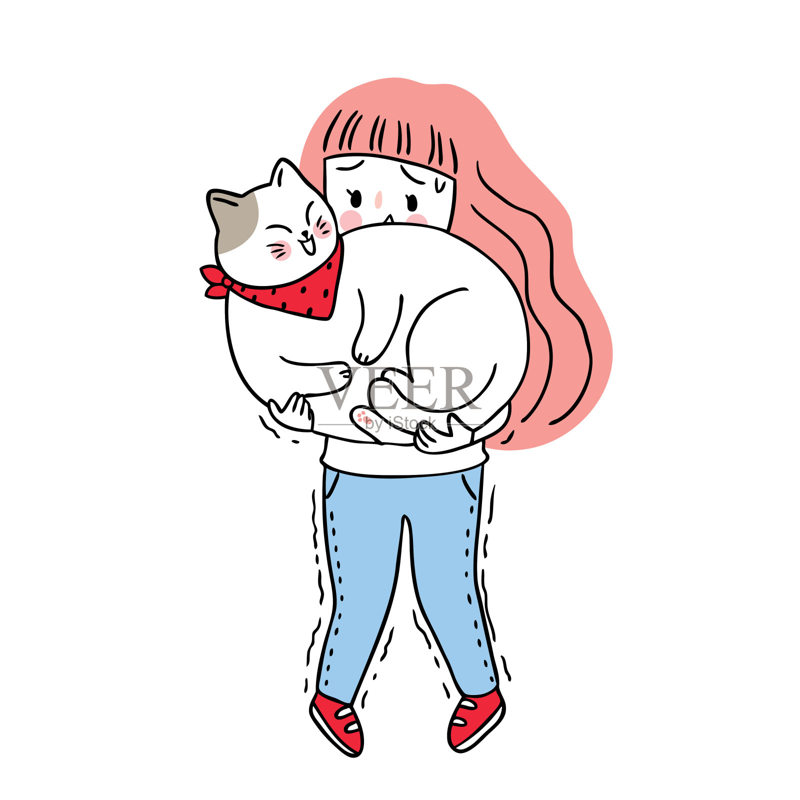 卡通可爱的女人抱猫。脚重向量。插画图片素材