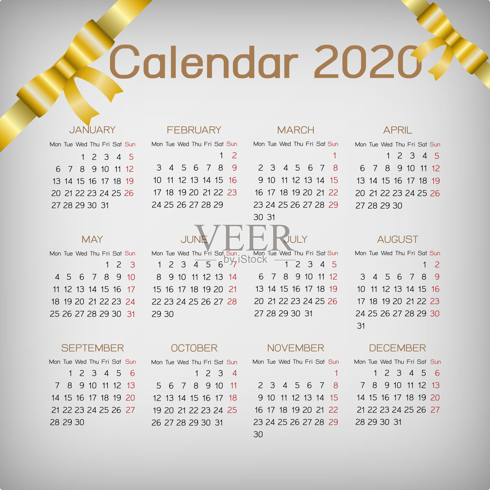 用金色丝带设计2020年日历模板插画图片素材