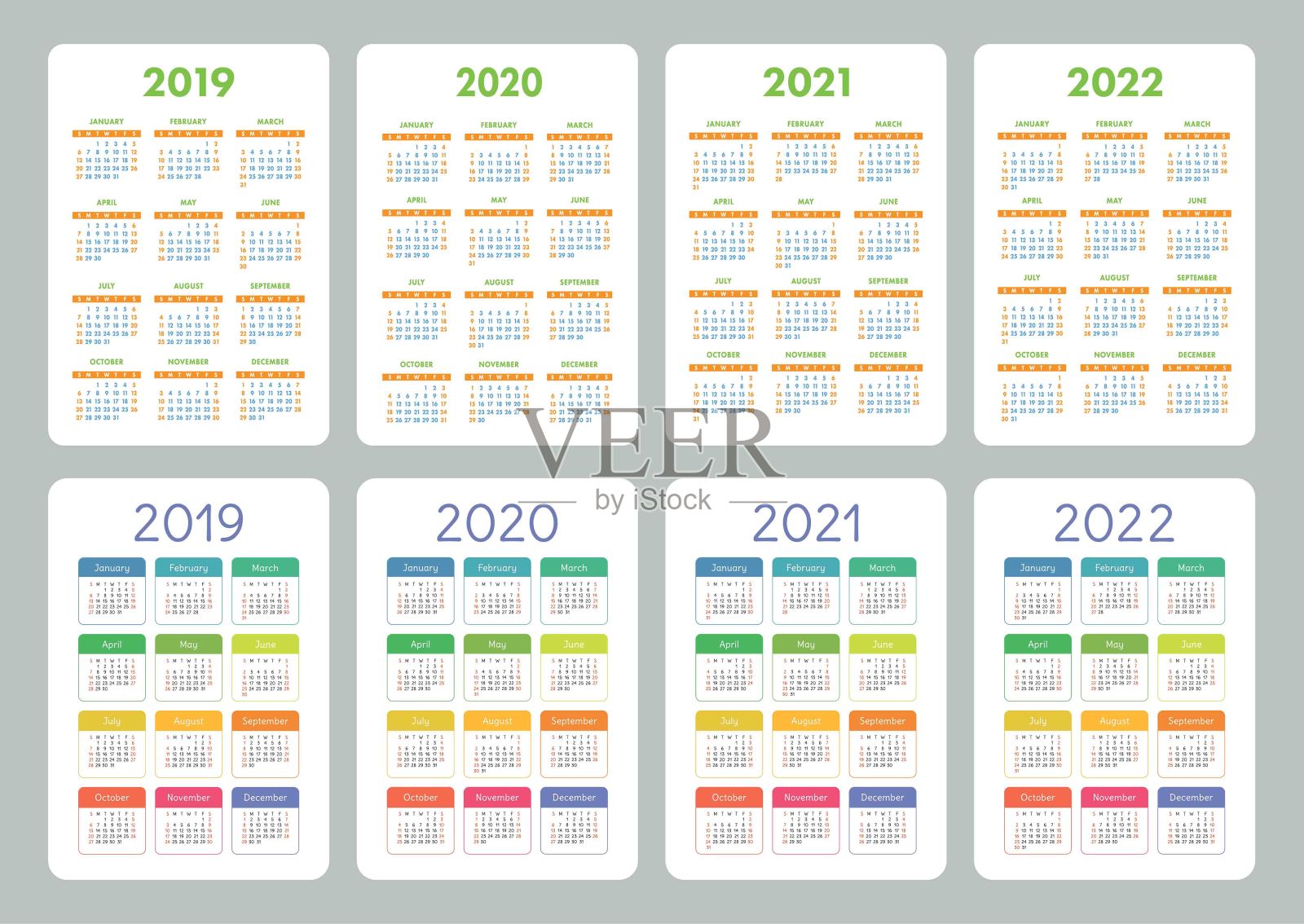 日历2019年，2020年，2021年，2022年。色彩斑斓的向量集。一周从周日开始。垂直压延机设计模板设计模板素材
