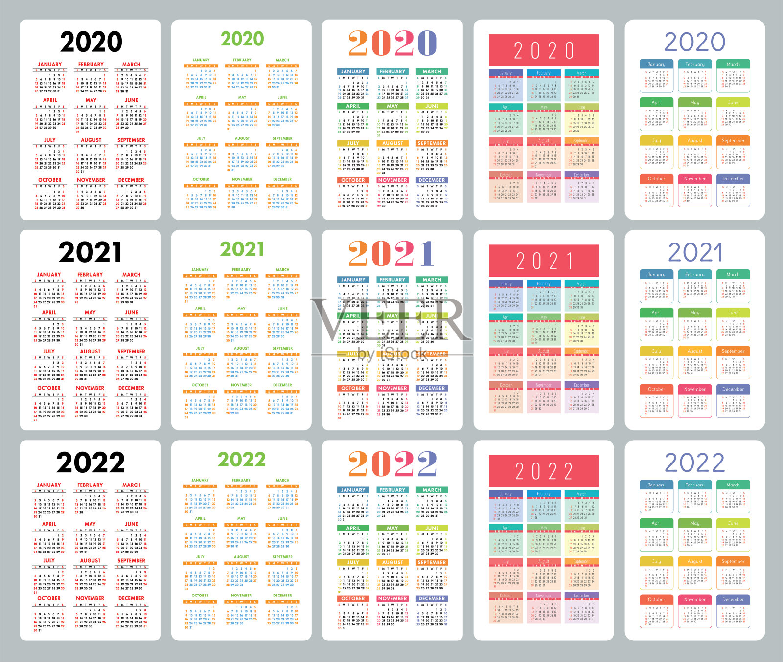 日历2020年，2021年，2022年。色彩斑斓的向量集。一周从周日开始。垂直压延机设计模板设计模板素材