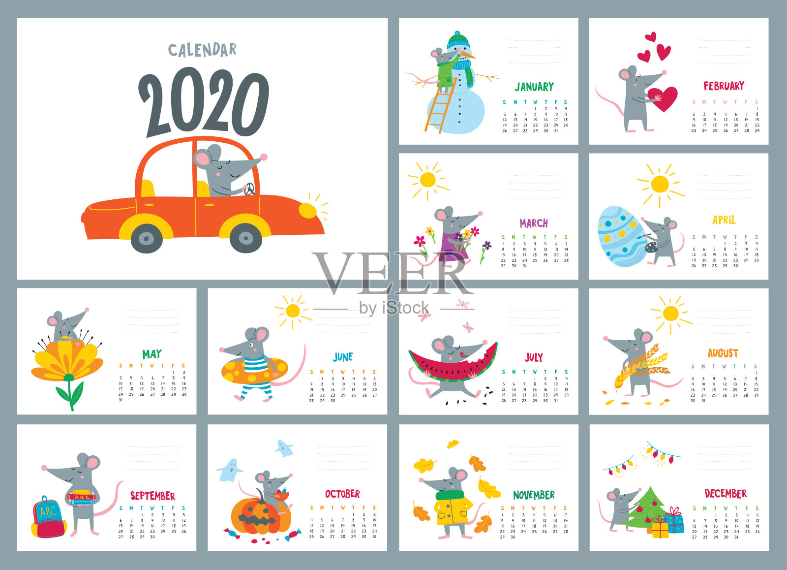 矢量彩色月历与可爱的老鼠-中国的象征2020年插画图片素材