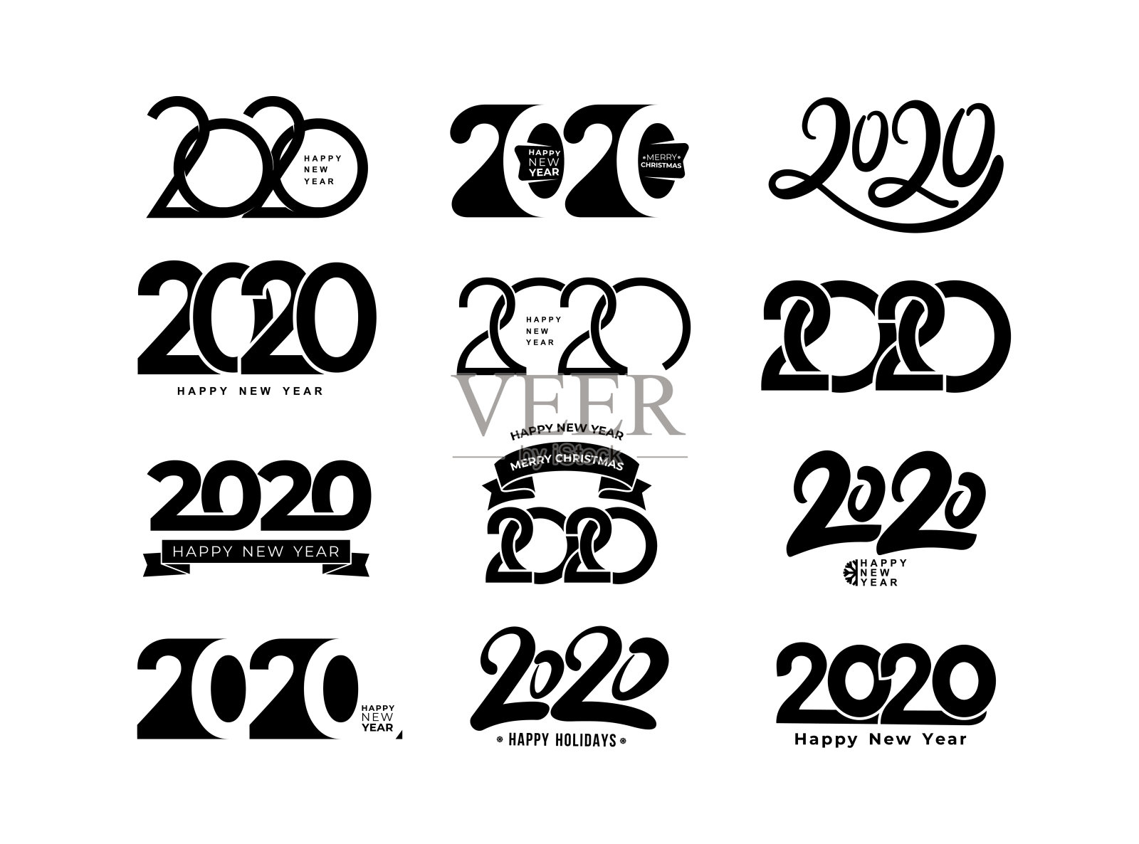 大集2019文字设计模式。收藏《新年快乐，节日快乐》。矢量插图。孤立在白色背景上。插画图片素材