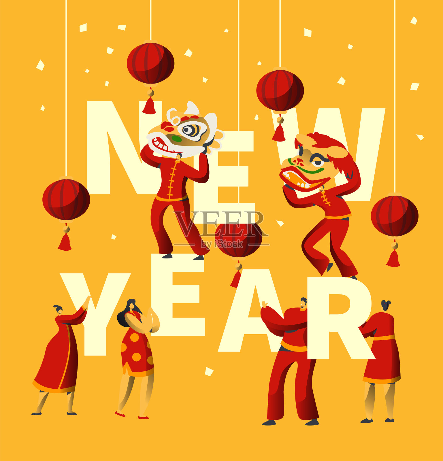 Chinese New Year Festival Typography Banner. Man Dance in Red Dragon Mask for China Holiday Celebration. Asian Traditional Lantern Festival Greeting Card Template Flat Cartoon Vector Illustration插画图片素材
