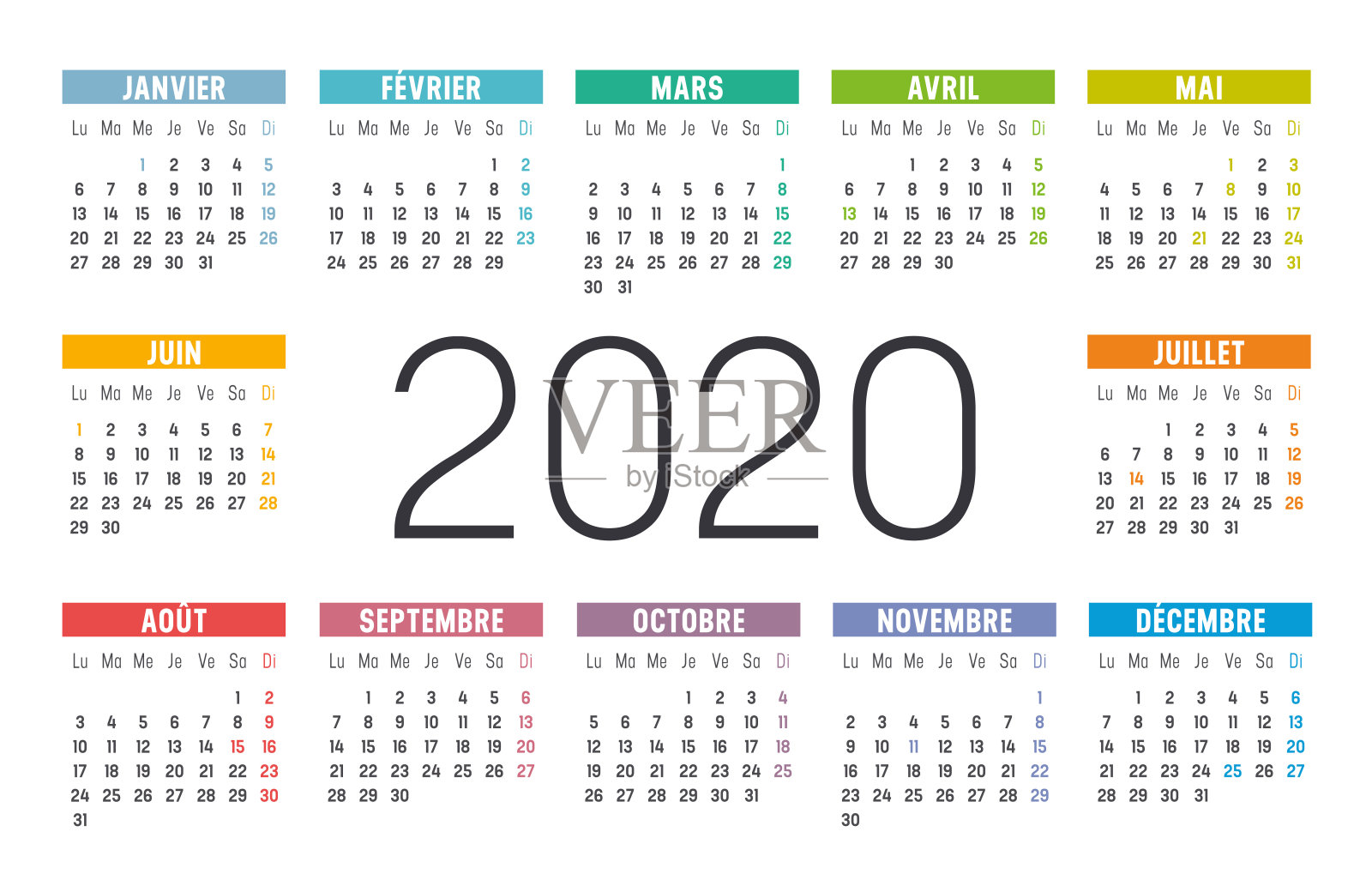 彩色2020一页法国日历设计模板素材
