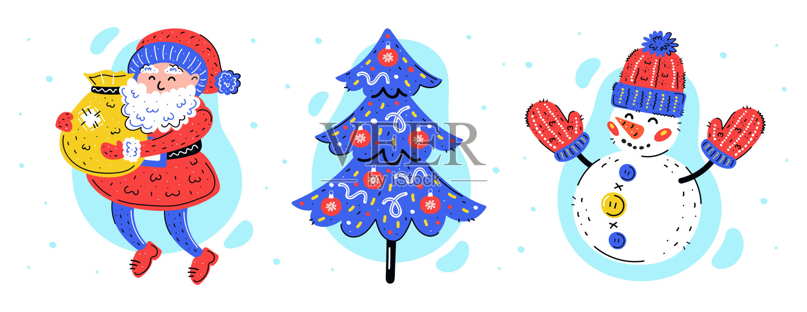 圣诞老人与圣诞树和雪人矢量手绘剪贴画。设计元素图片