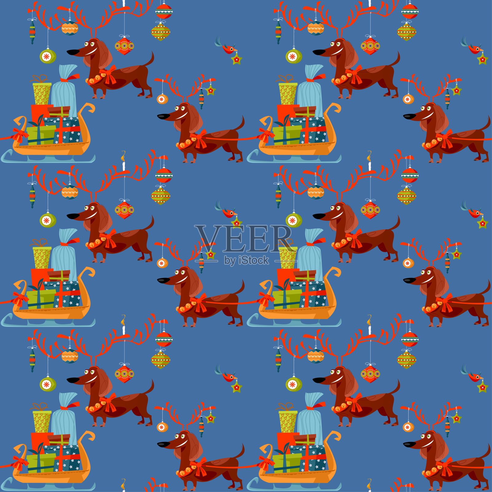装扮成鹿的腊肠狗拉着装满圣诞礼物的雪橇。无缝的背景图案。插画图片素材