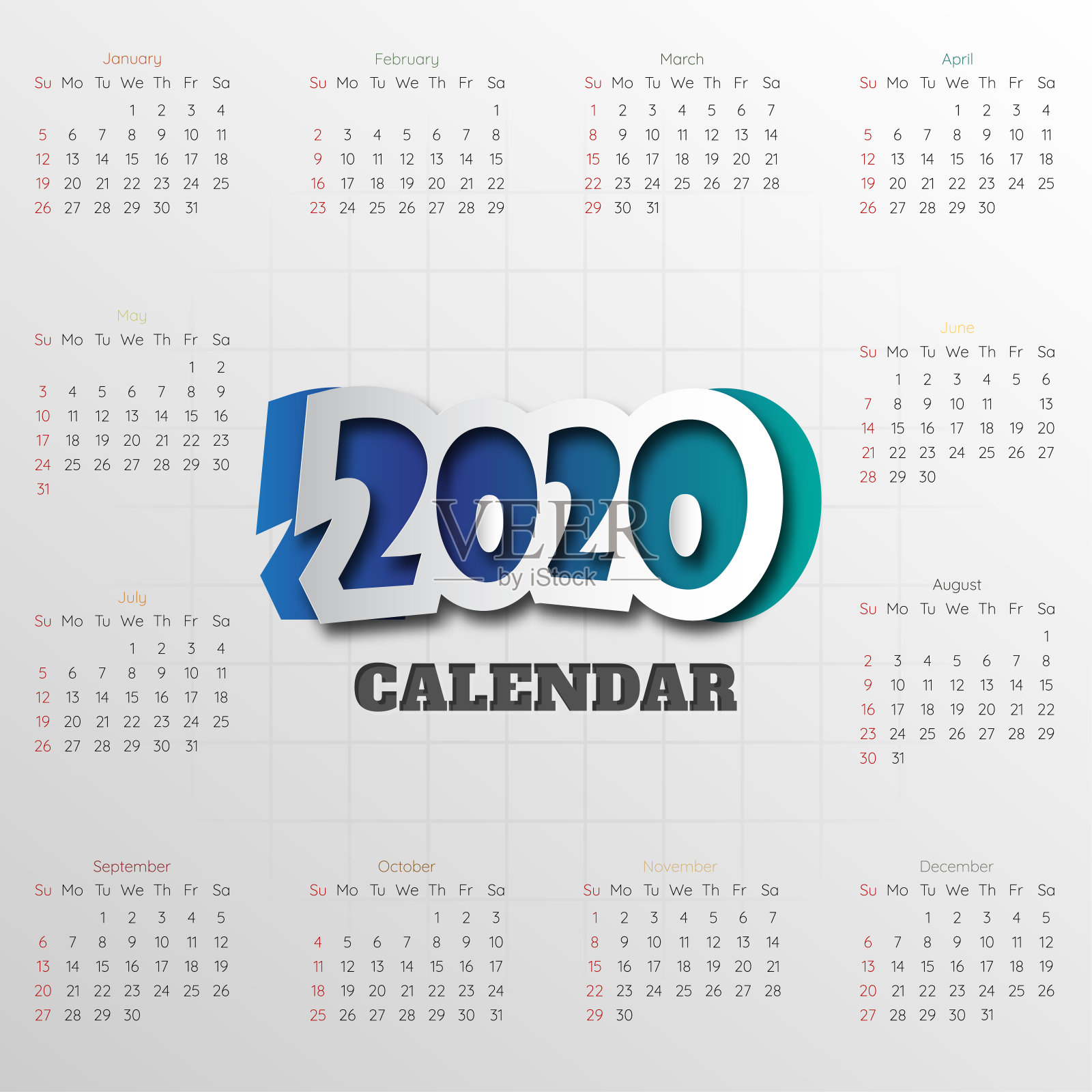 新年快乐2020现代日历模板。矢量/插图。设计模板素材