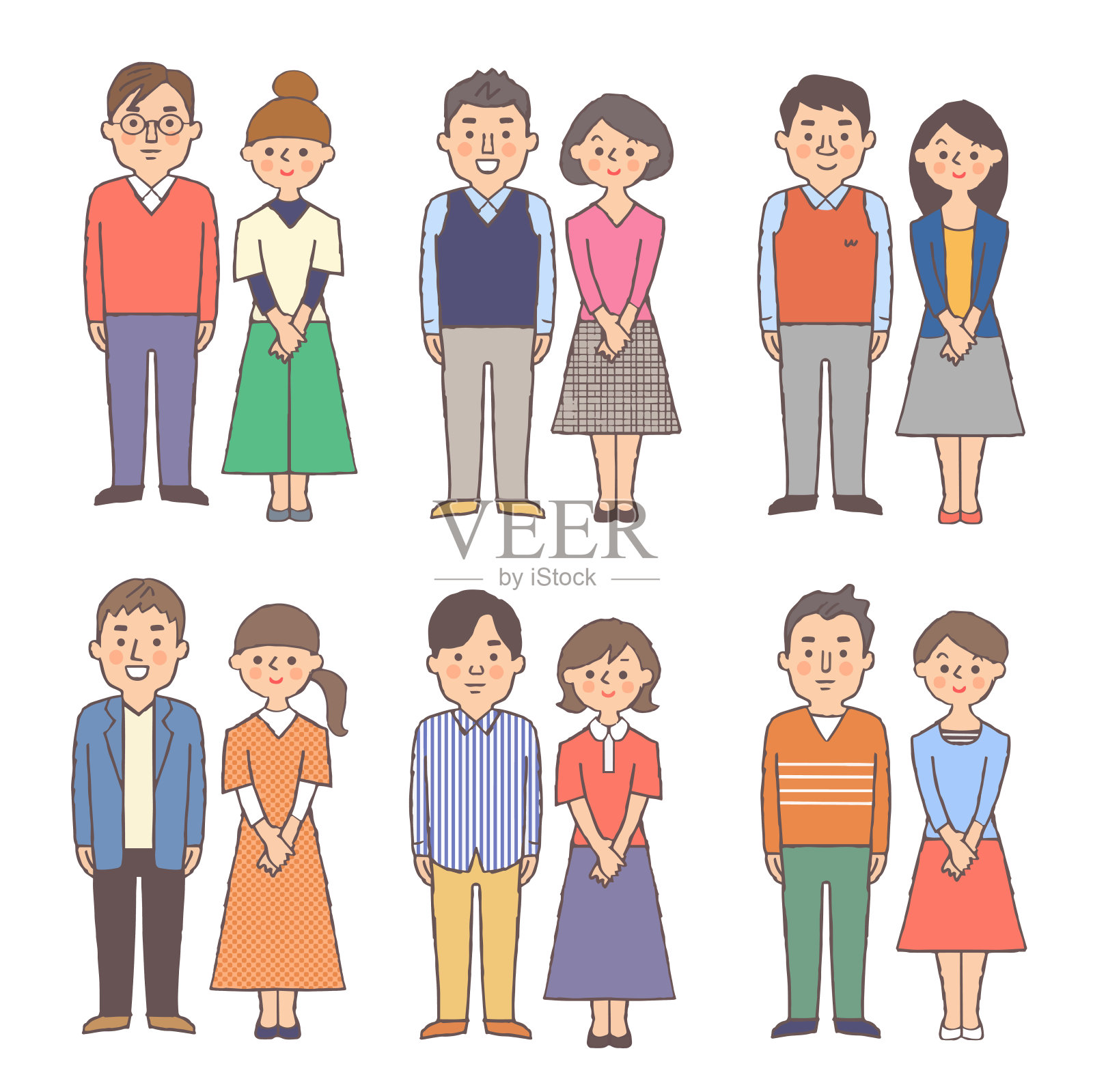 6对年轻情侣微笑着站在一起插画图片素材