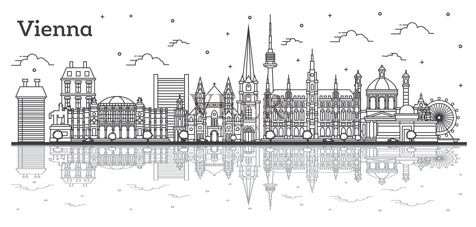 勾勒奥地利维也纳城市的天际线，历史建筑和孤立在白色上的倒影。插画图片素材