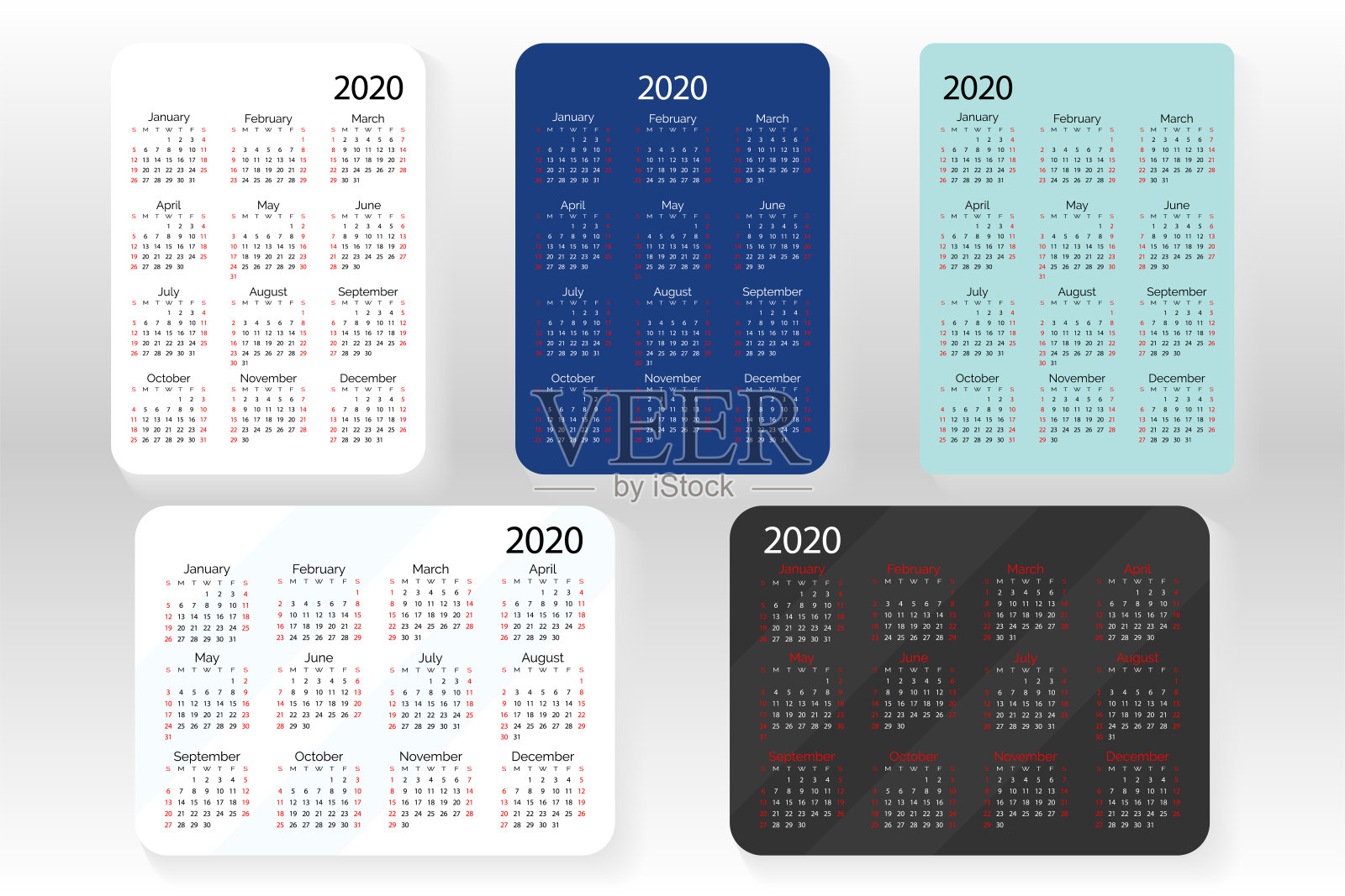 横竖一套矢量袖珍年历2020年。简约简洁的简约设计。英语网格，一周从周日开始。白色，黑色和经典的蓝色设计模板素材