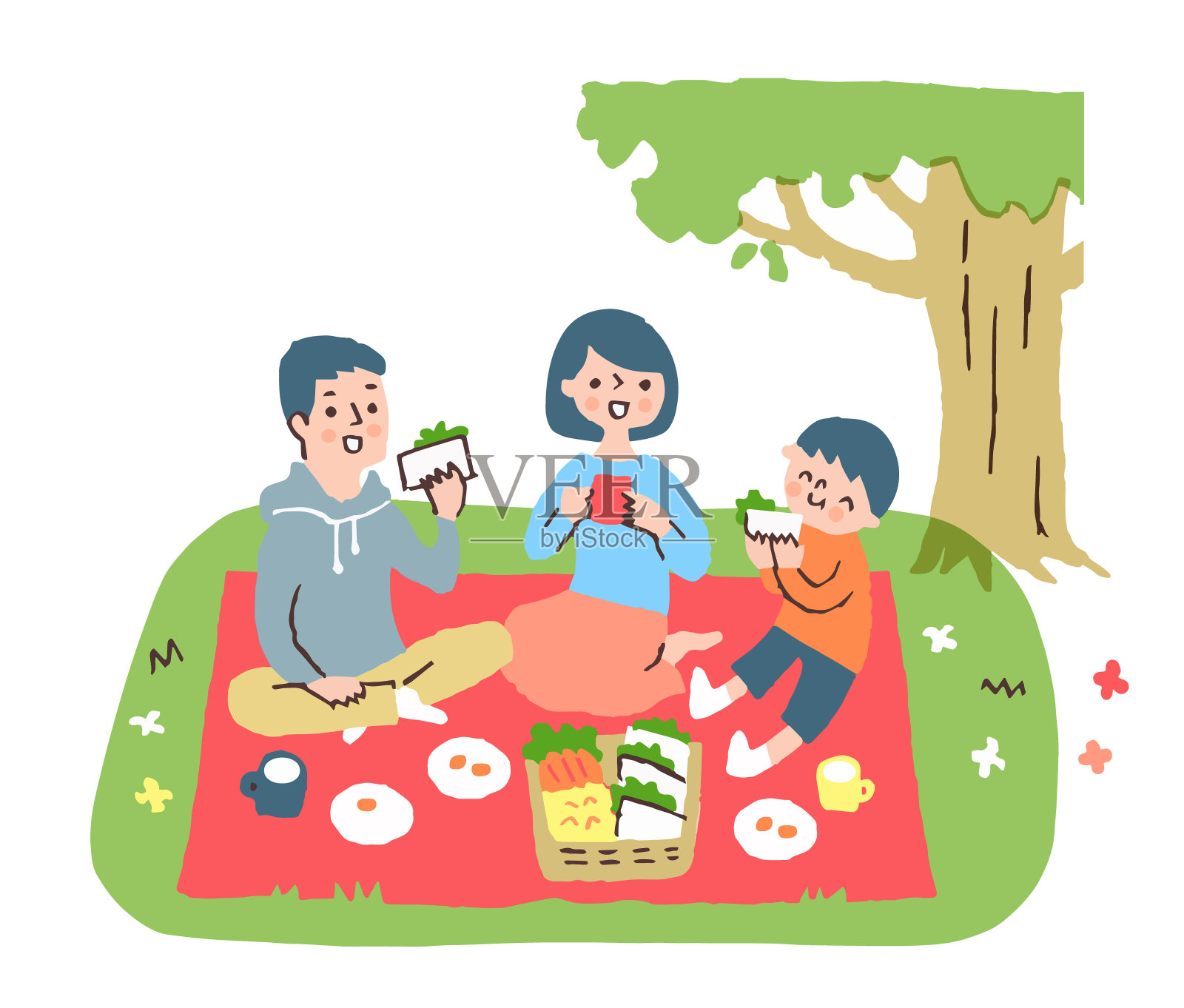 父母和孩子在野餐垫子上吃三明治插画图片素材