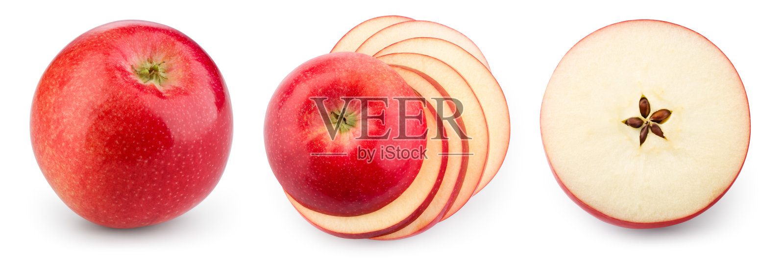 红苹果隔离。白色背景上的苹果。苹果片。设置剪切路径。照片摄影图片