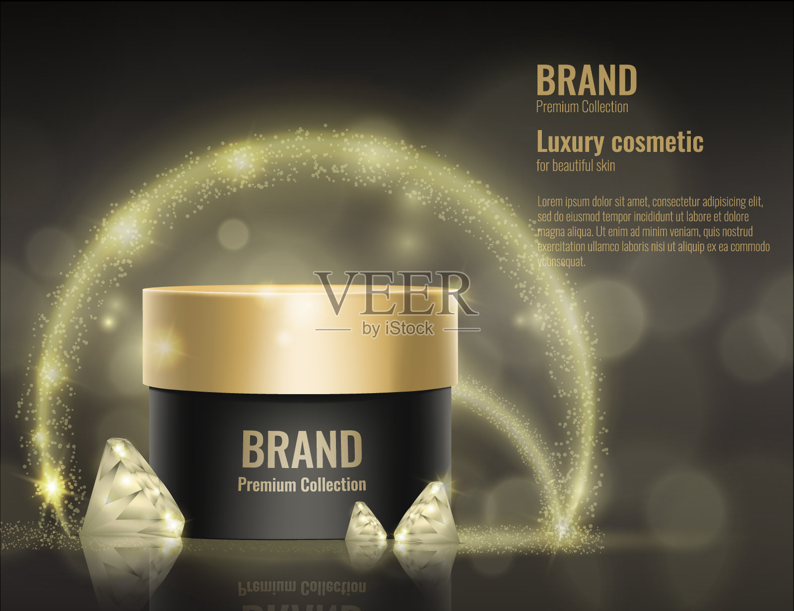 化妆品霜现实模板产品包装黄金矢量3d模拟钻石广告插图。设计模板素材