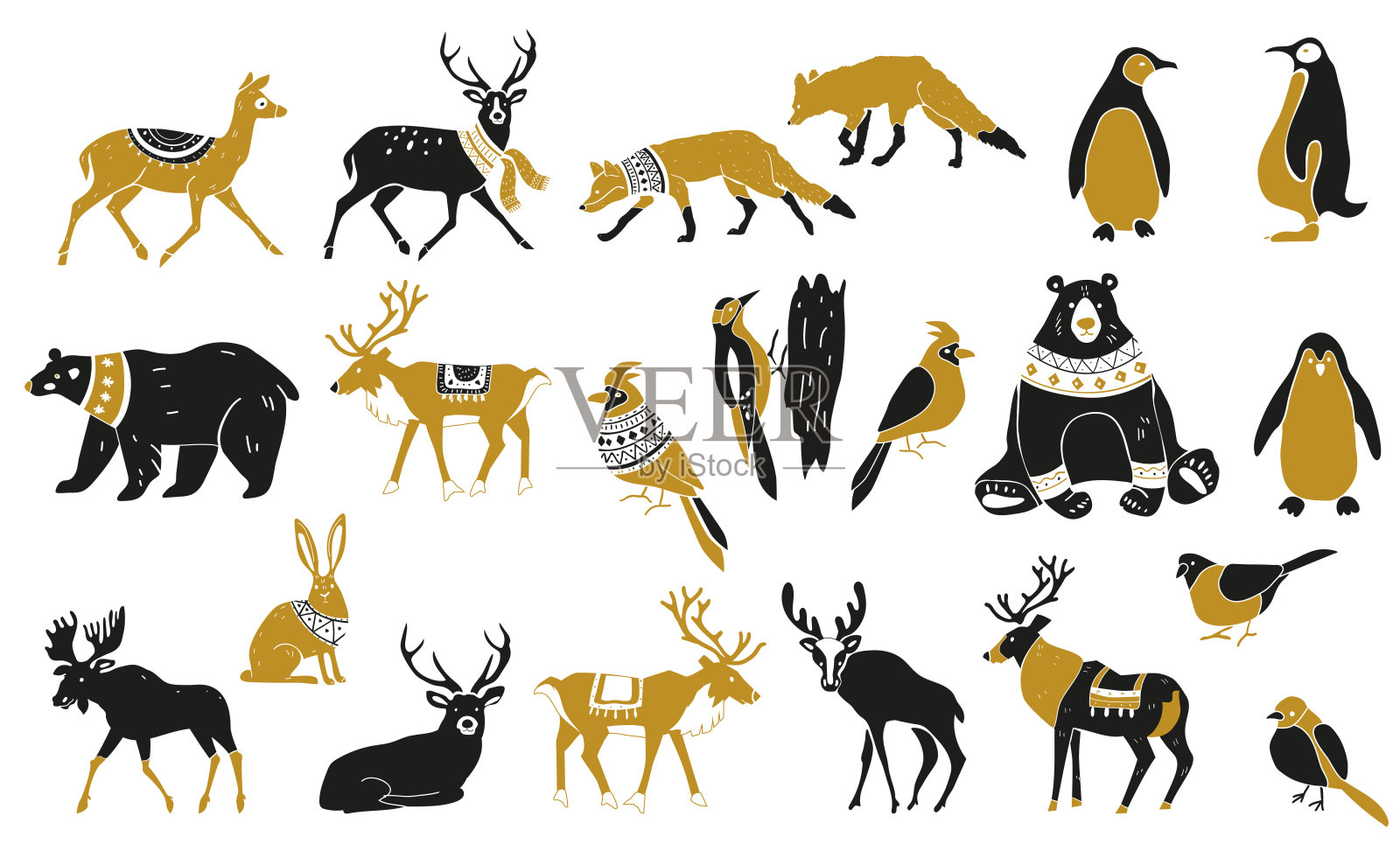 冬季动物的剪影。一套圣诞斯堪的纳维亚元素。北欧的复古设计。孤立的矢量插图对象。森林里有野生动物和鸟类。矢量手绘插图。设计元素图片
