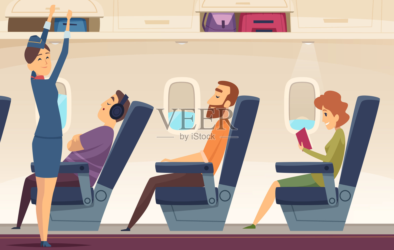 乘客的飞机。空姐维亚服务旅游航空矢量卡通背景插画图片素材