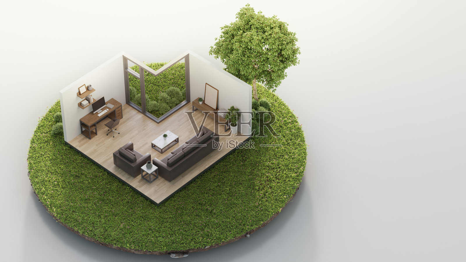 在房地产销售或房地产投资的概念中，家庭办公室和客厅靠近大树在小小的土地上与绿草。照片摄影图片