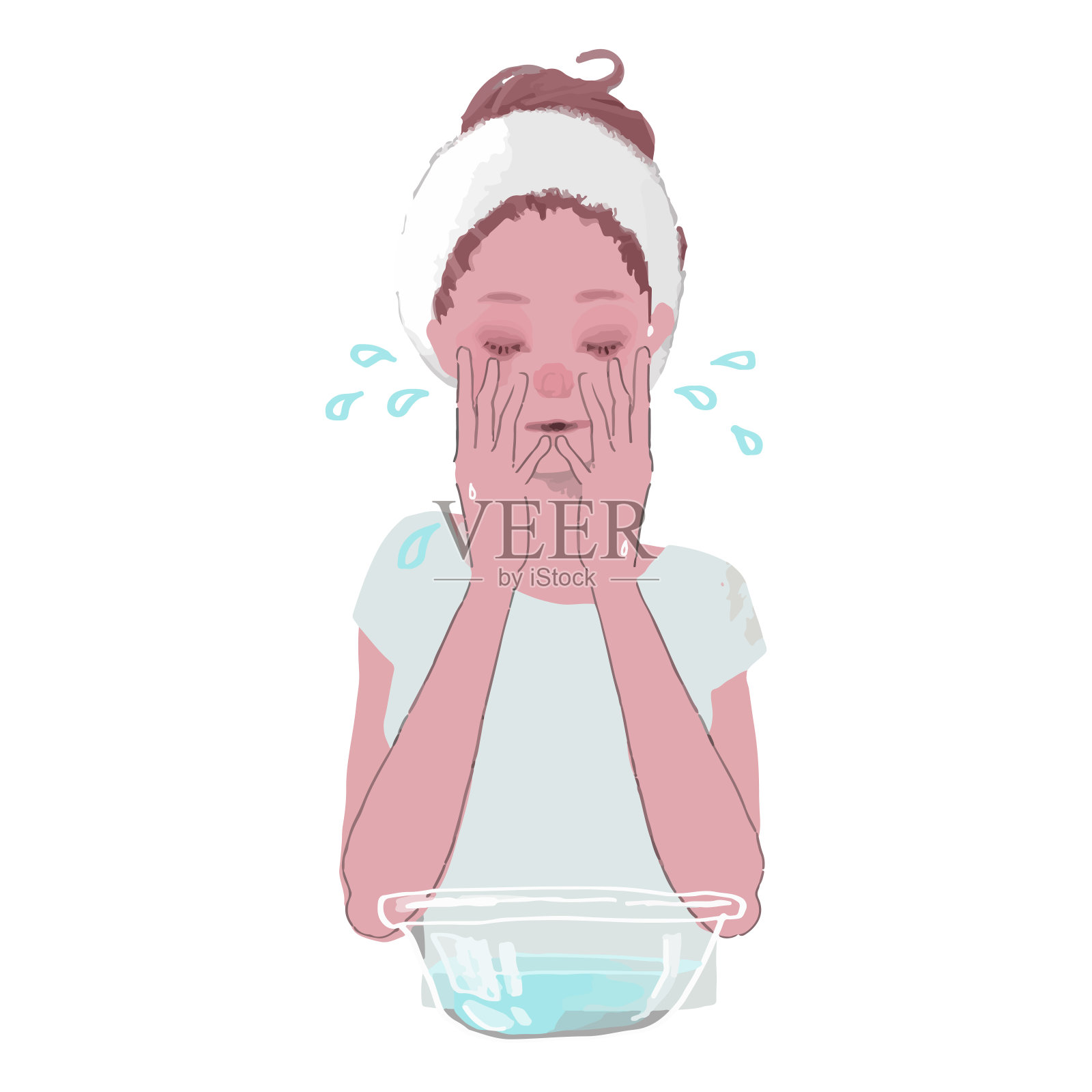 一个女人用盆洗脸的矢量插图插画图片素材
