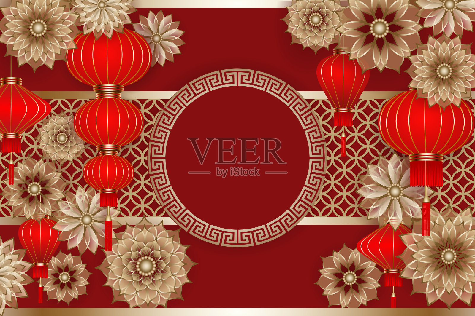 春节背景以鲜花、红灯笼和金色圆框为主插画图片素材