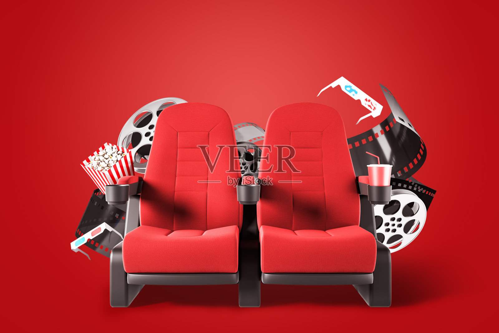 红色背景上的两张红色电影院椅子照片摄影图片