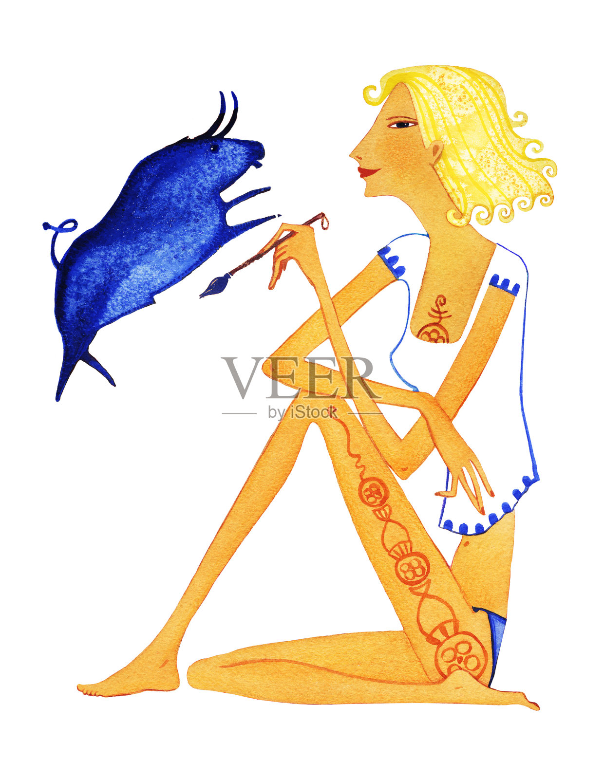 女孩用指甲花纹身在她的腿和胸部画蓝色的公牛，作为一个象征的十二生肖白羊座。在白色背景上隔离插画图片素材