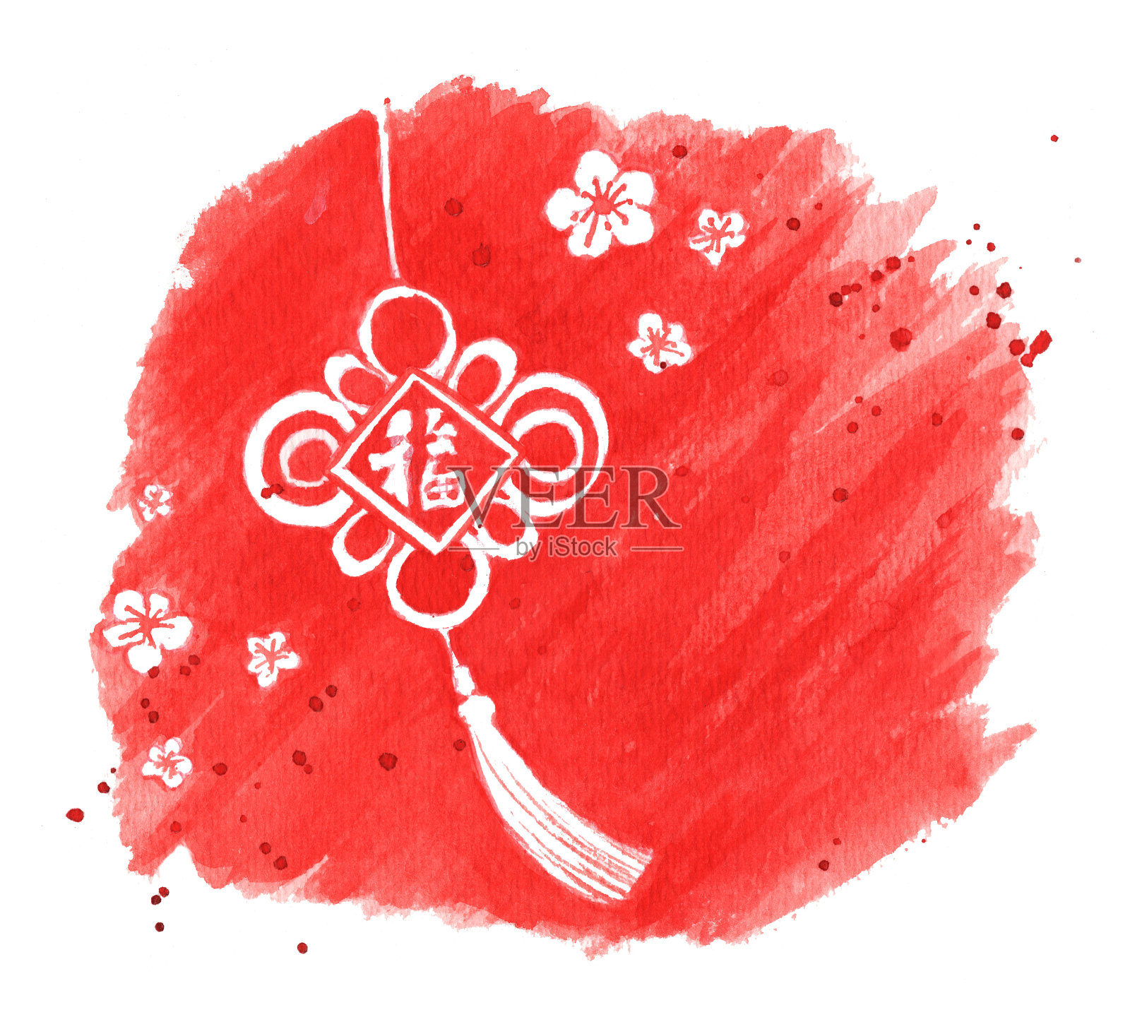 春节贺卡设计在红色背景与水彩笔触插画图片素材