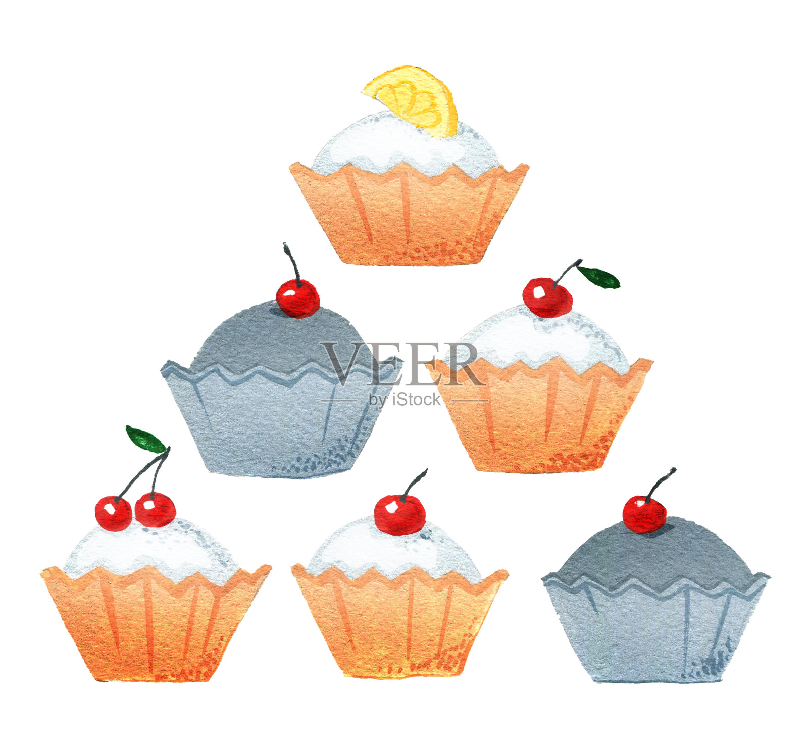 一套柠檬和樱桃饼干蛋糕，孤立在白色的背景插画图片素材
