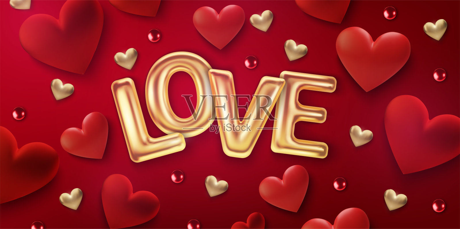 情人节贺卡快乐。真实的3d心在红色的背景。爱和结婚。矢量图插画图片素材