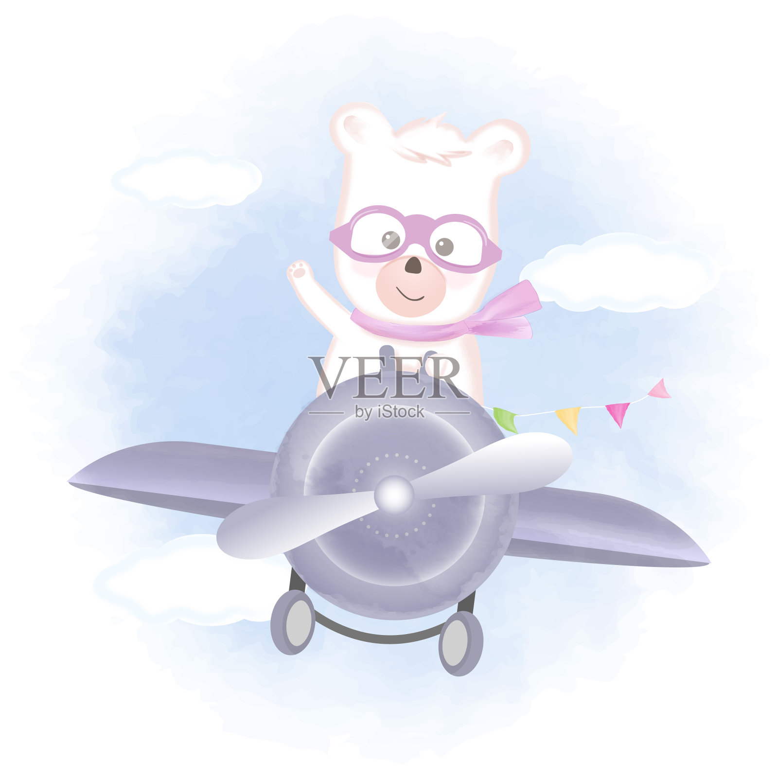 可爱的小熊在飞机上飞行手绘动物卡通插图水彩背景插画图片素材